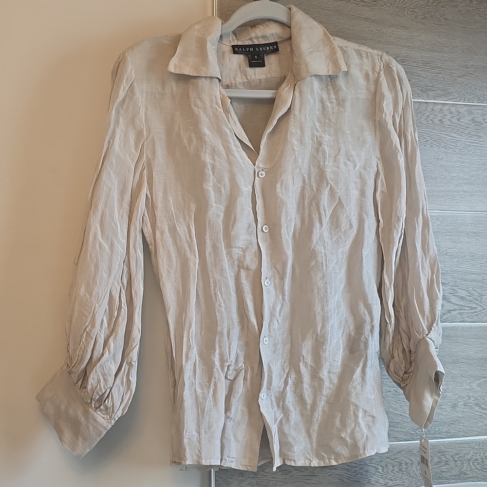 New, Ralph Lauren Black Label Crinkled Organza Puffed Silk Blend Blouse - Picture 3 of 16